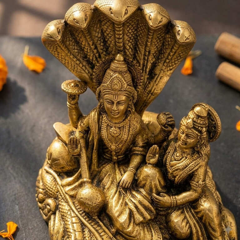 Laxmi Narayan Brass Murti – Vishnu Lakshmi on Sheshnag | 100% Pure Brass | Handmade & Energised
