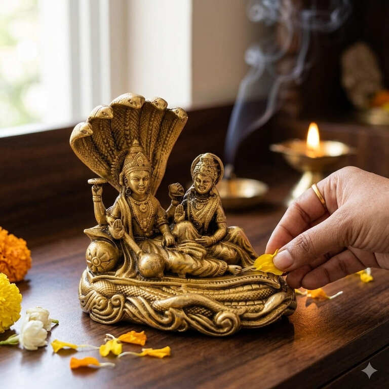 Laxmi Narayan Brass Murti – Vishnu Lakshmi on Sheshnag | 100% Pure Brass | Handmade & Energised