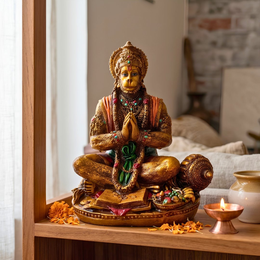 Handcrafted Hanuman Ji in Namaskar Mudra with Sacred Ramayana
