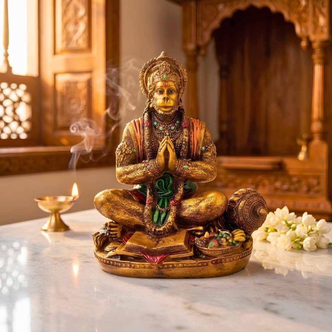Handcrafted Hanuman Ji in Namaskar Mudra with Sacred Ramayana