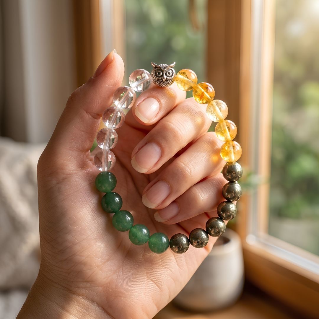 Lucky Owl Money Magnet Bracelet – Pyrite, Citrine & Green Aventurine for Wealth & Luck