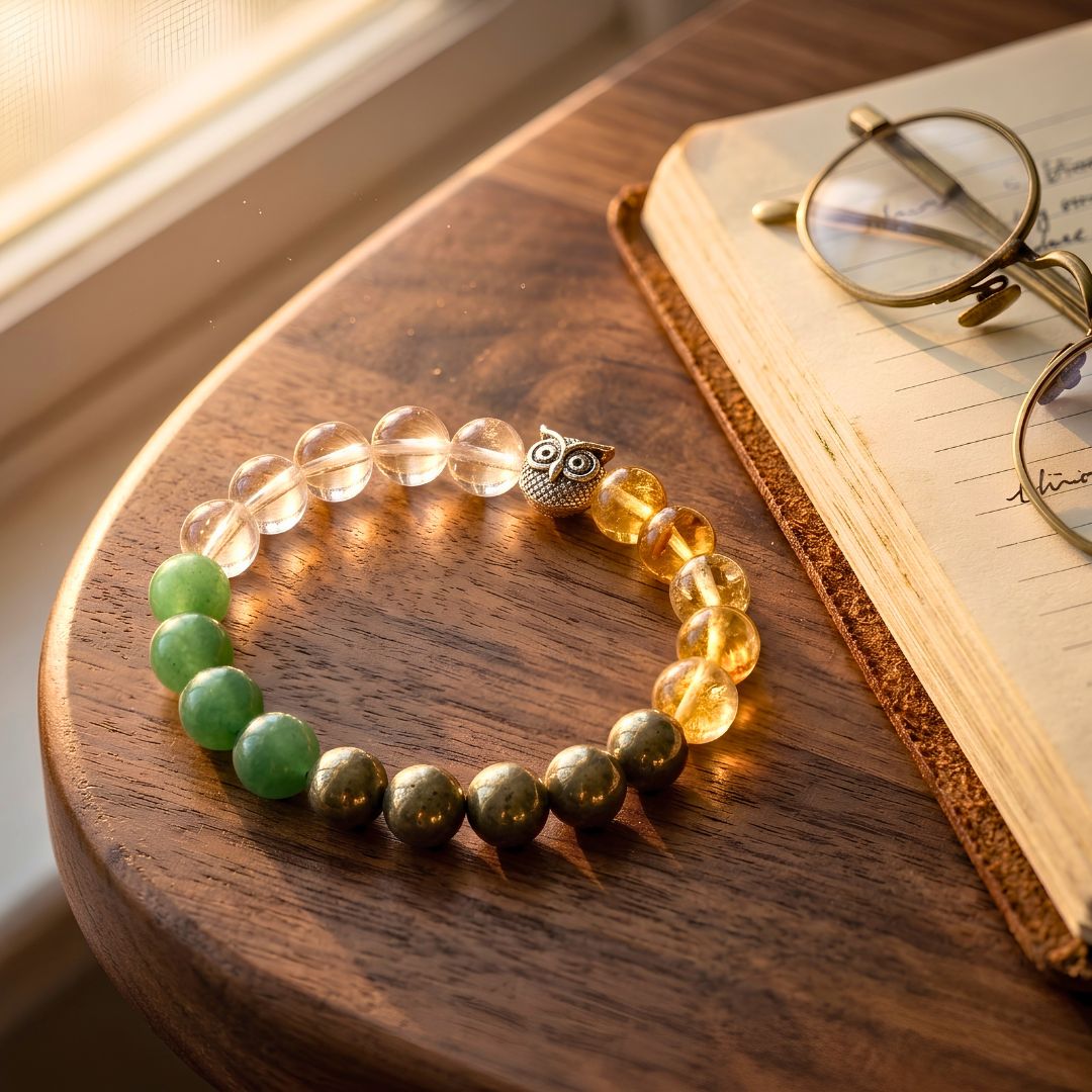 Lucky Owl Money Magnet Bracelet – Pyrite, Citrine & Green Aventurine for Wealth & Luck