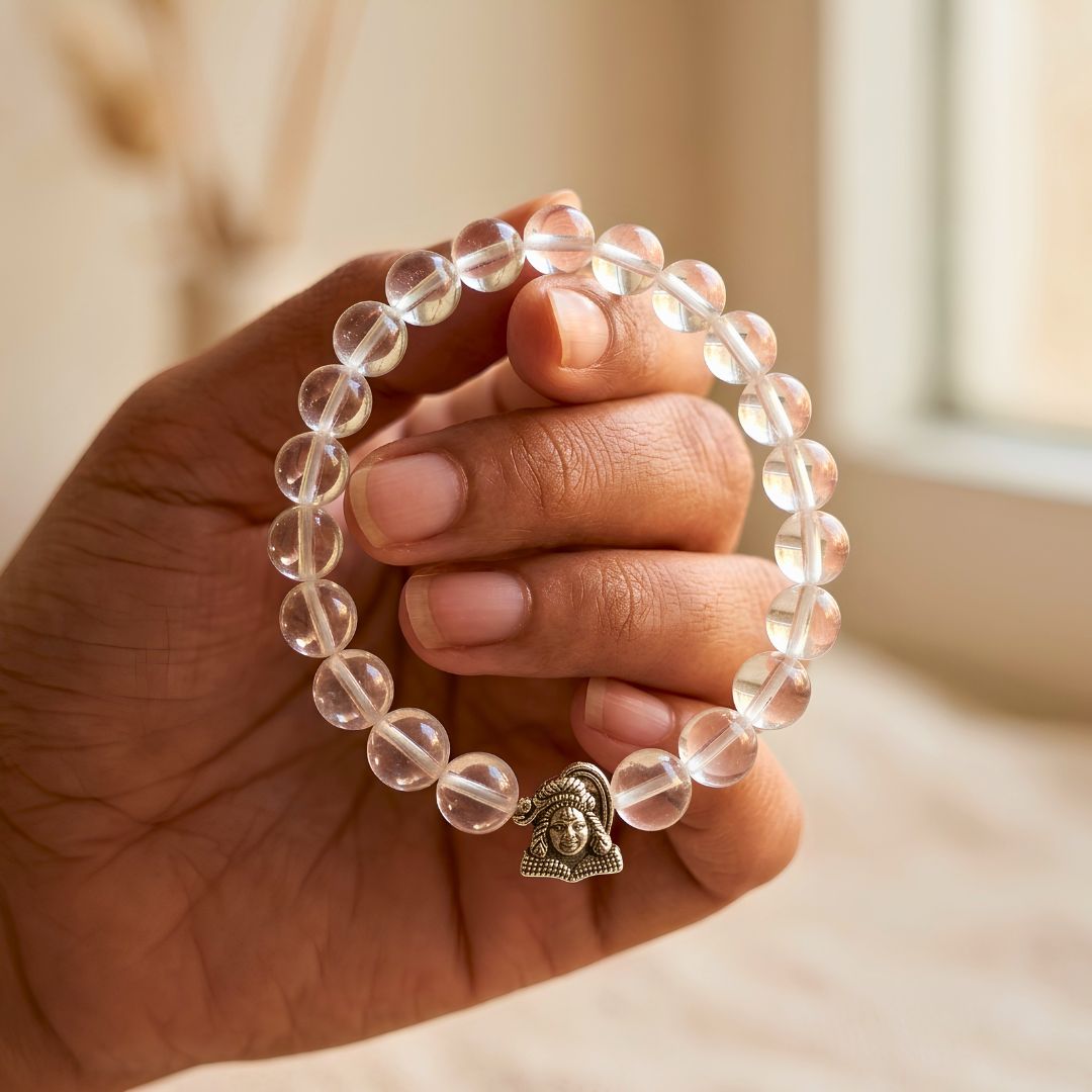 Mahadev Sphatik Bracelet – Natural Clear Quartz Crystal with Shiva Charm for Peace & Clarity