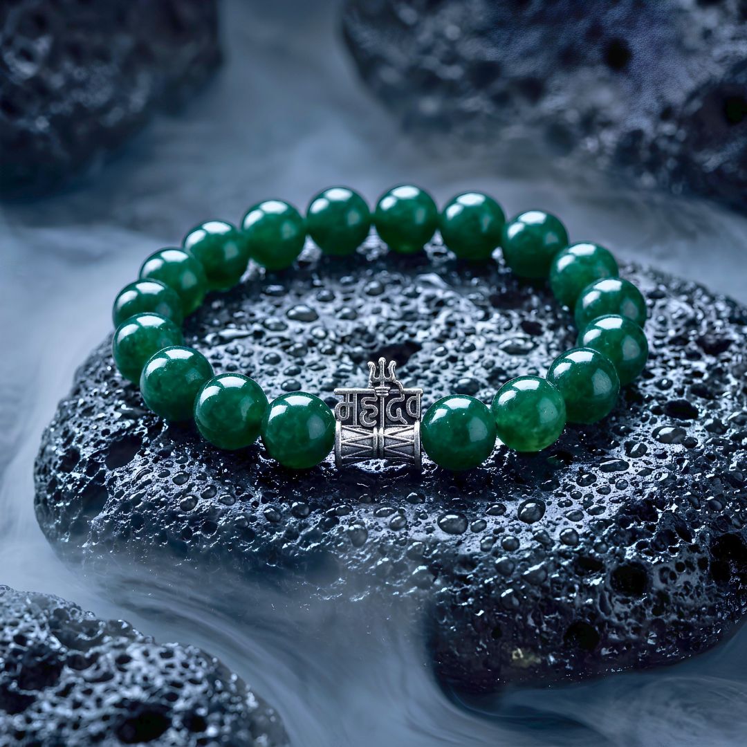 Shiv Trishul Aventurine Bracelet – Green Aventurine Lucky Stone with Damru-Trishul Charm