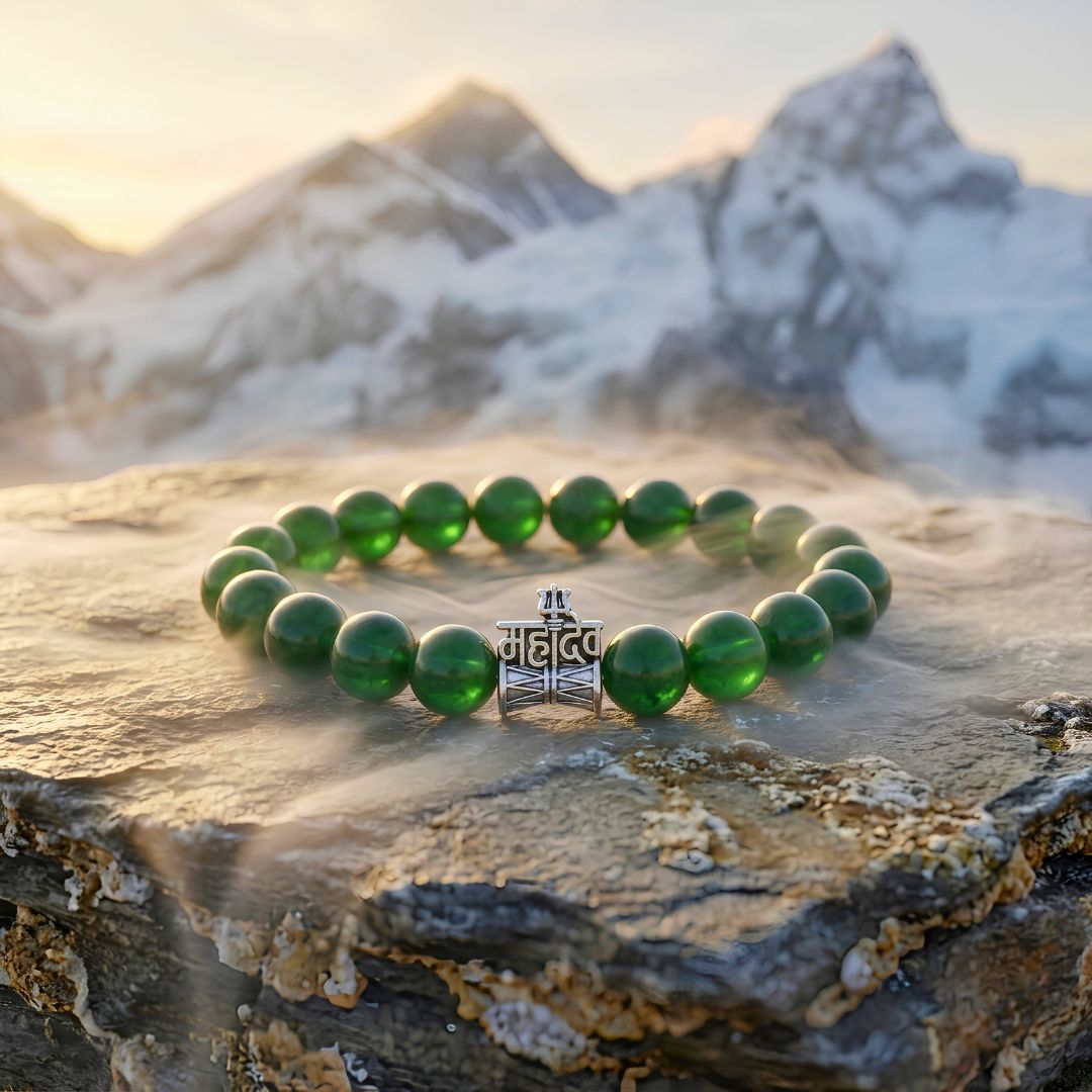 Shiv Trishul Aventurine Bracelet – Green Aventurine Lucky Stone with Damru-Trishul Charm
