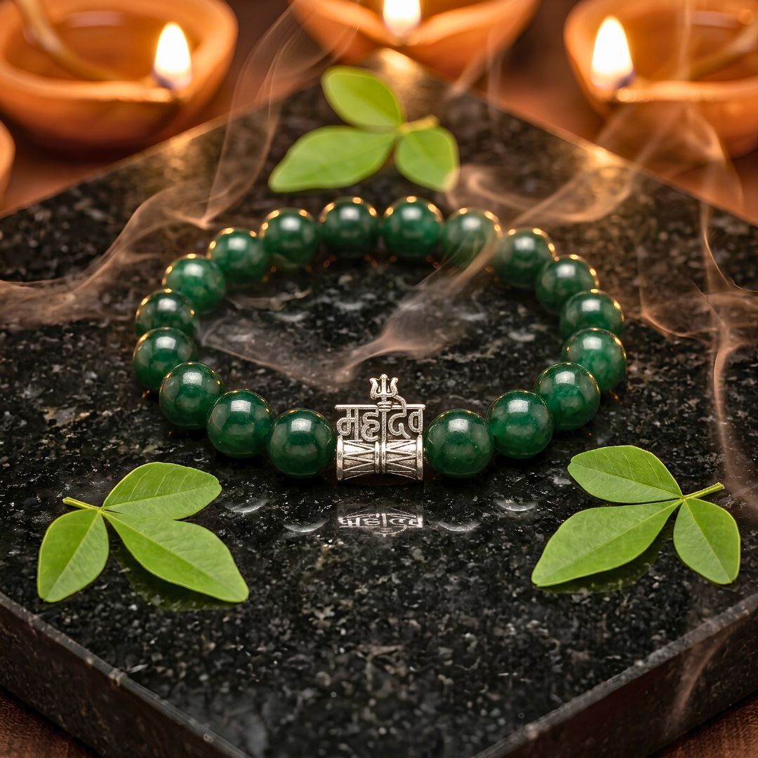 Shiv Trishul Aventurine Bracelet – Green Aventurine Lucky Stone with Damru-Trishul Charm