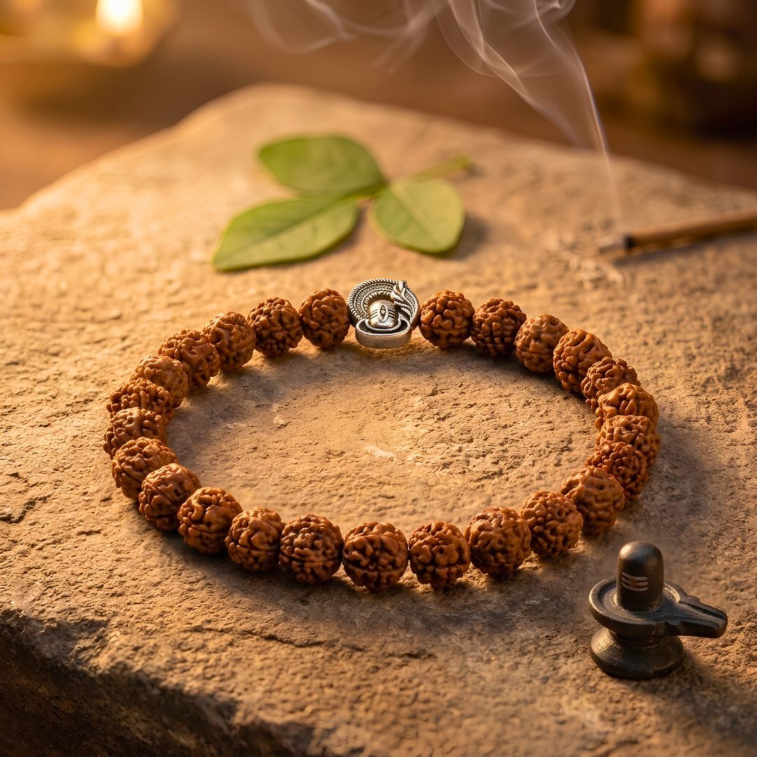 Shiv Raksha Rudraksha Bracelet – Original Beads with Silver Shivling Charm