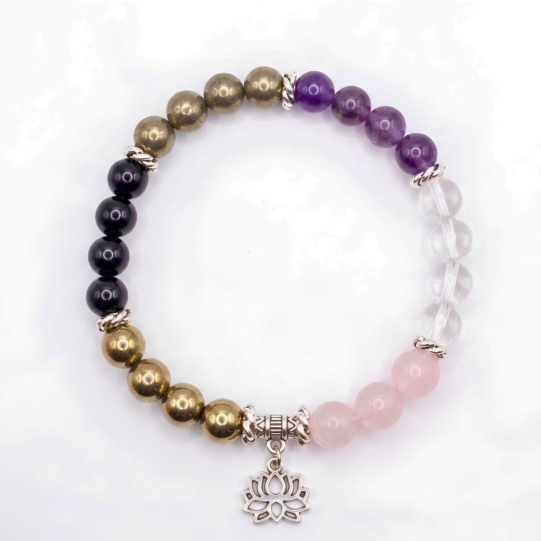 Shiv-Shakti Suraksha 5-Stone Bracelet – Amethyst, Rose Quartz, Black Onyx, Hematite & Clear Quartz