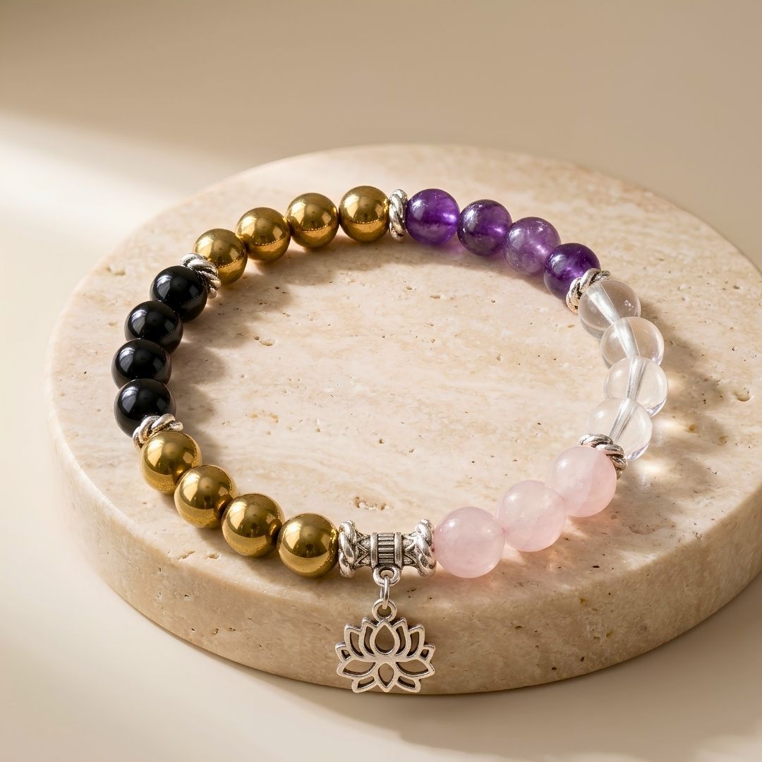Shiv-Shakti Suraksha 5-Stone Bracelet – Amethyst, Rose Quartz, Black Onyx, Hematite & Clear Quartz