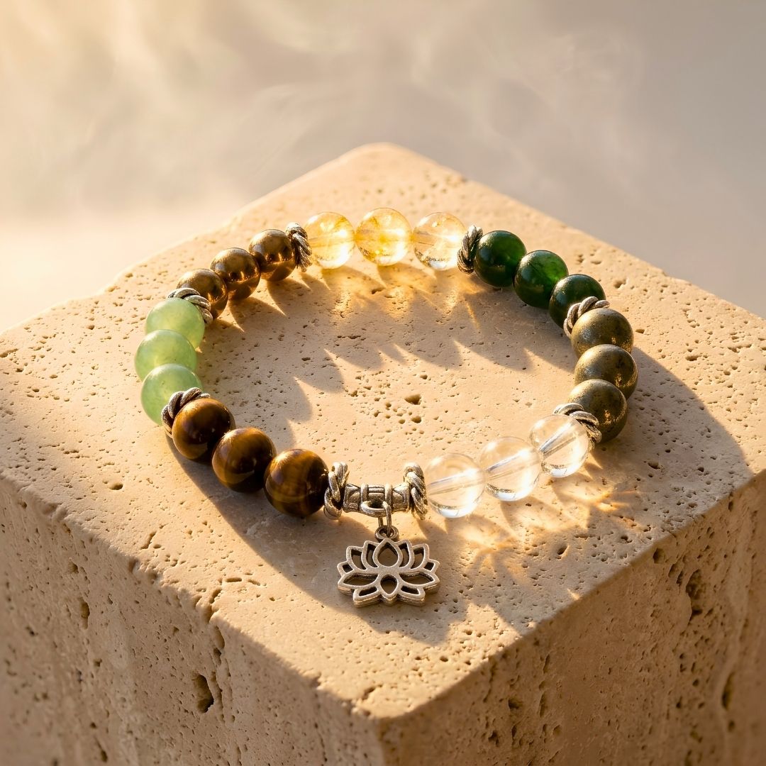 Kubera Money Magnet 7-Stone Bracelet – Citrine, Pyrite, Tiger Eye & Green Aventurine for Wealth & Success