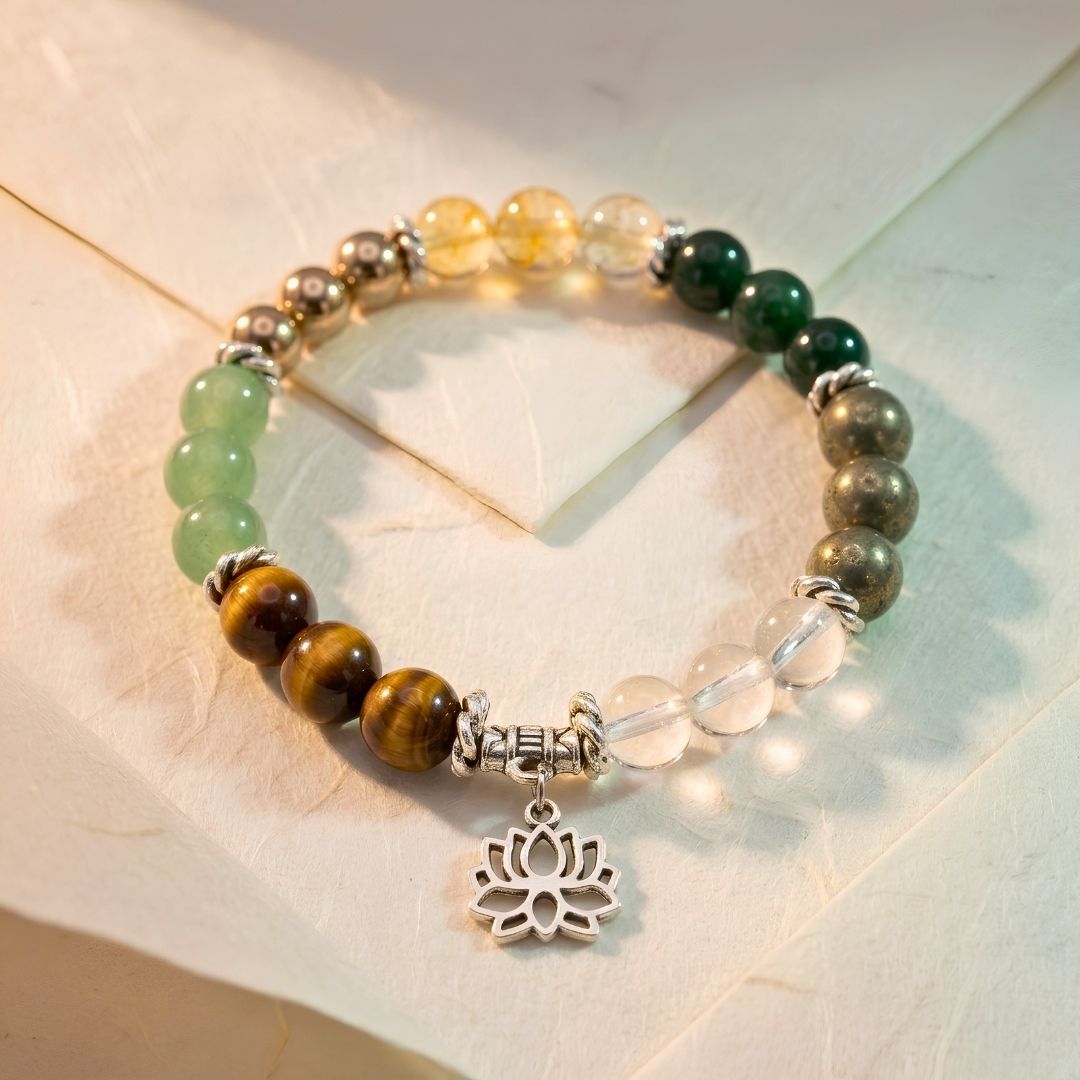 Kubera Money Magnet 7-Stone Bracelet – Citrine, Pyrite, Tiger Eye & Green Aventurine for Wealth & Success